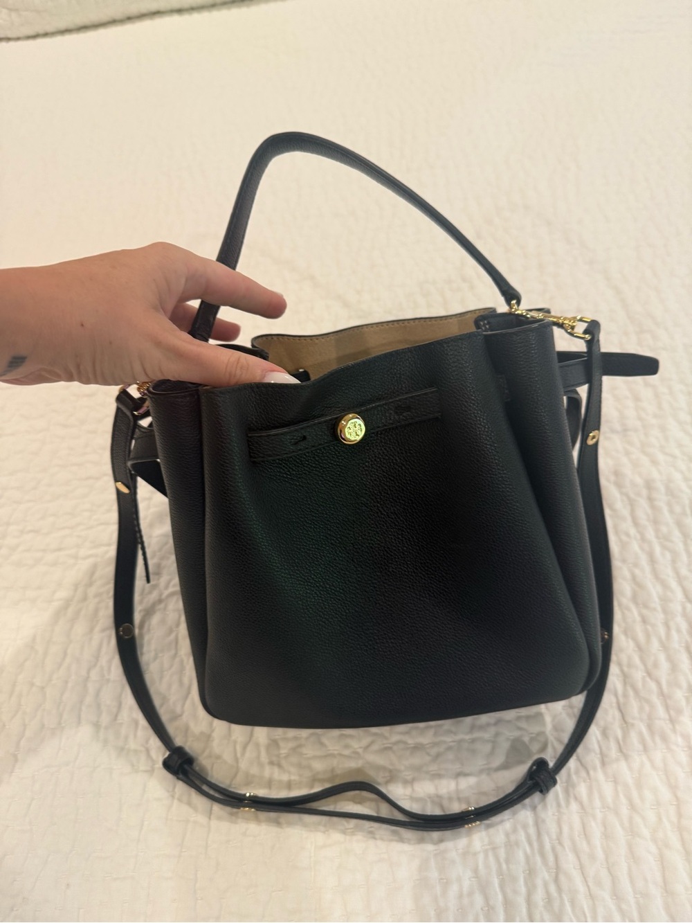 Like NEW - Tory Burch Black Pebbled Leather Drawstring Satchel with Gold-Tone - Picture 6 of 13